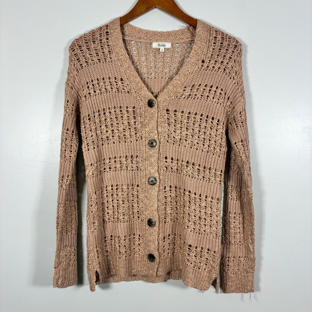 Mudd Cardigan XS Open Knit Pointelle Button Front Sweater Boho Coastal Cottage